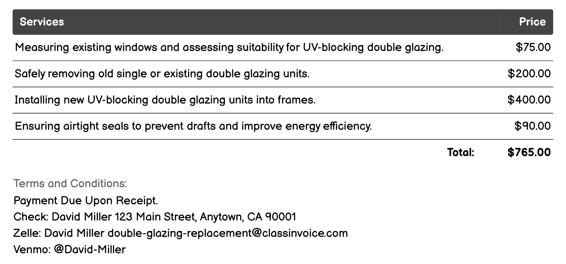 UV-Blocking Double Glazing Invoice Example