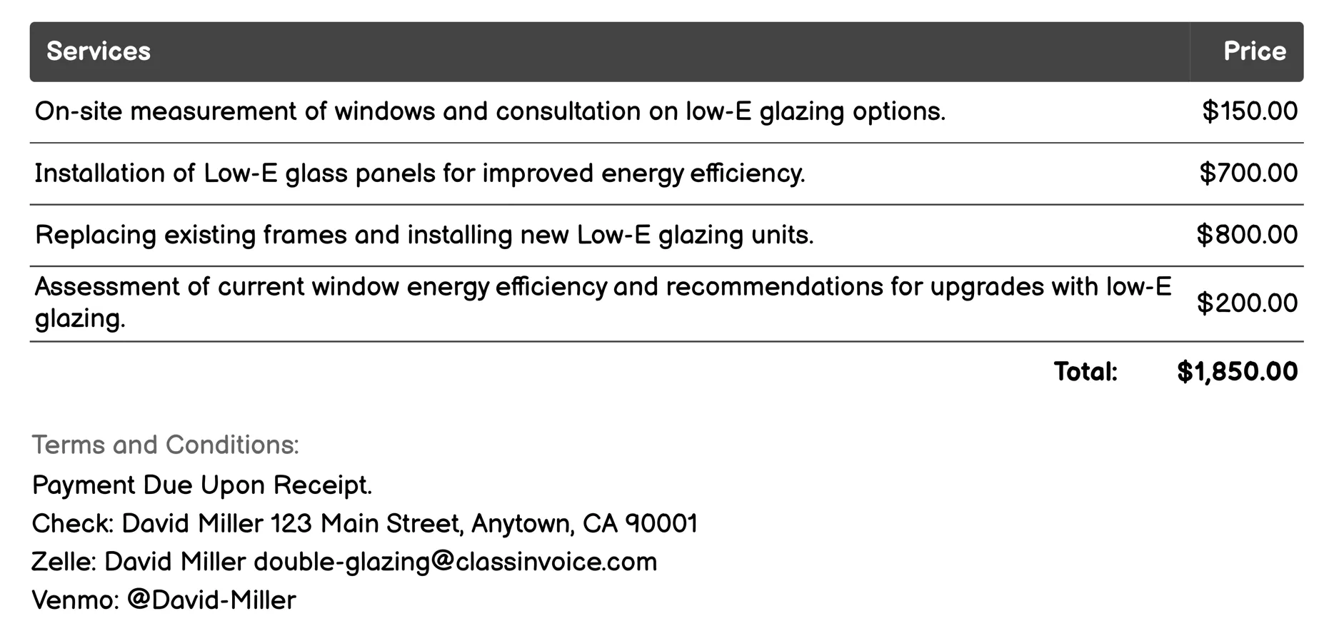 Low-E Glazing Invoice Example