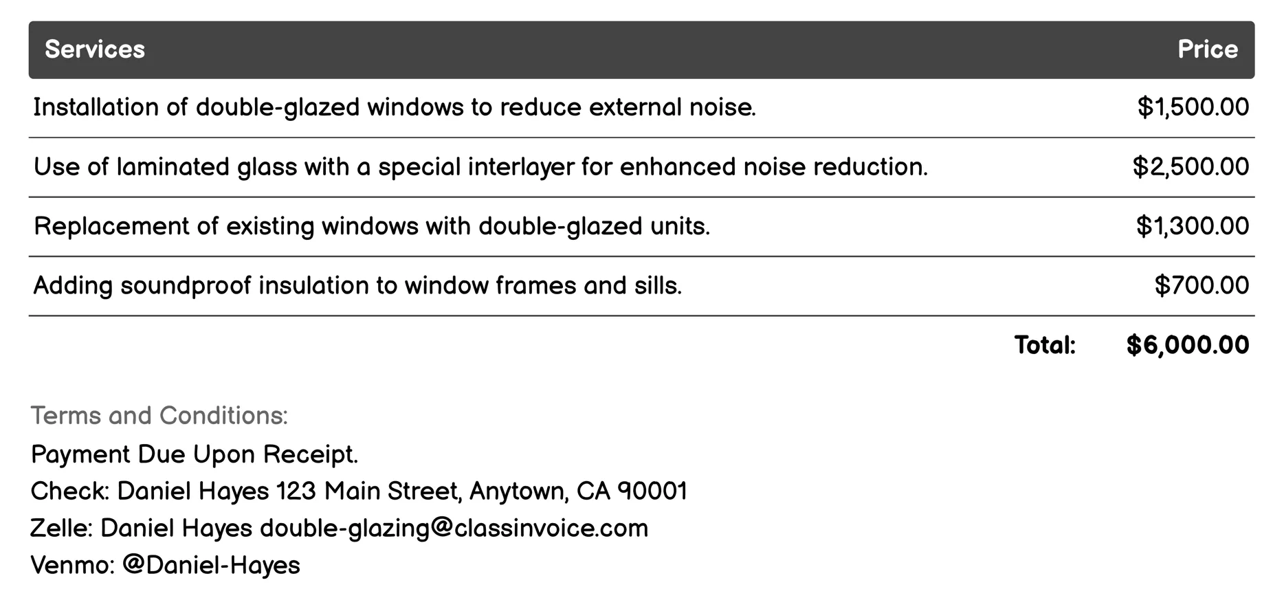 Noise Reduction Invoice Example