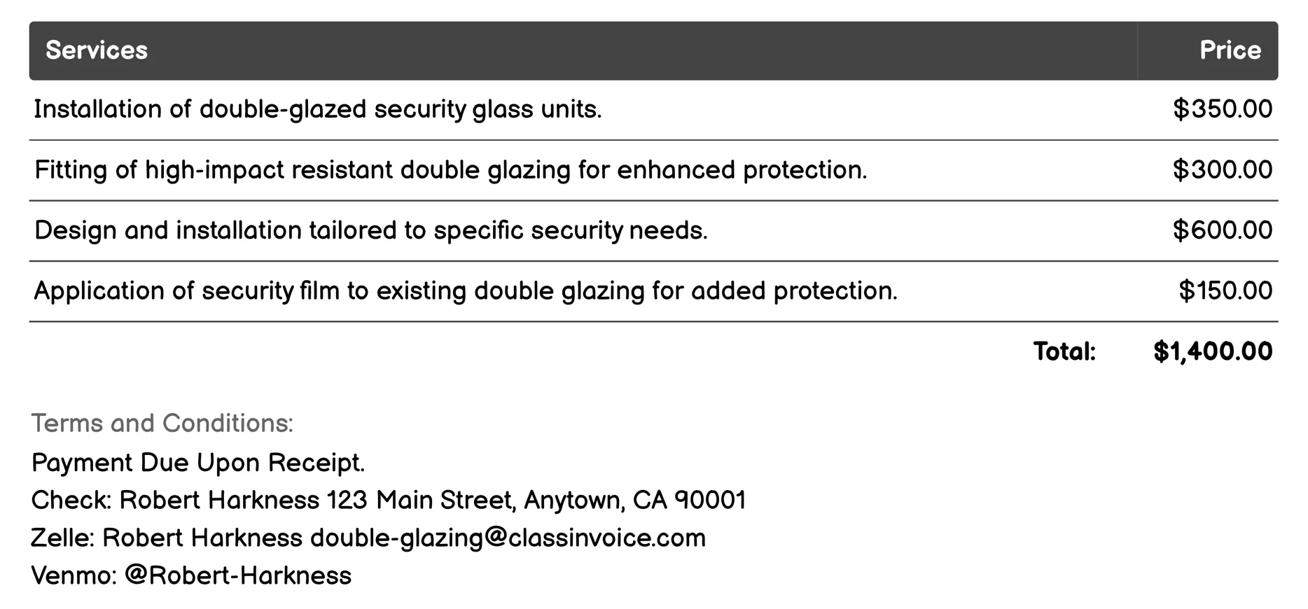 Security Glazing Invoice Example