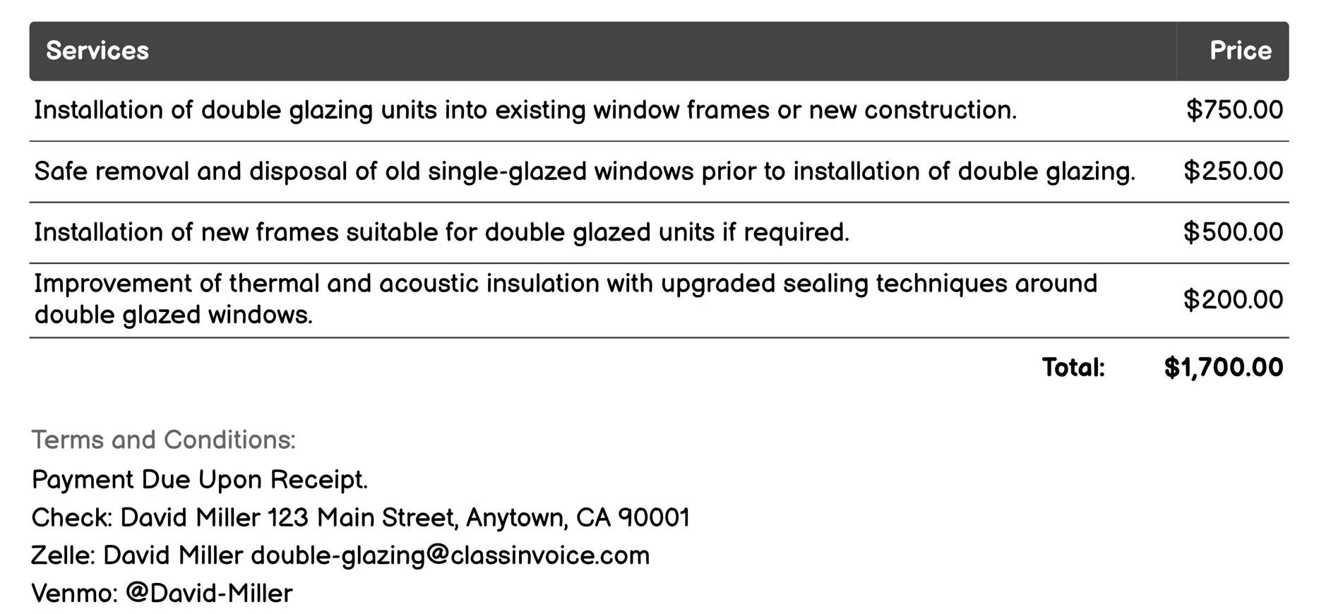 Window Replacement Invoice Example