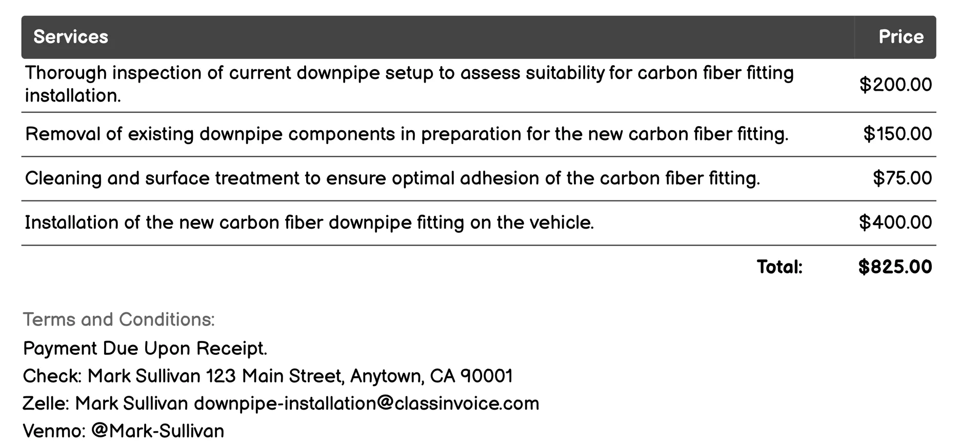 Carbon Fiber Downpipe Fitting Invoice Example