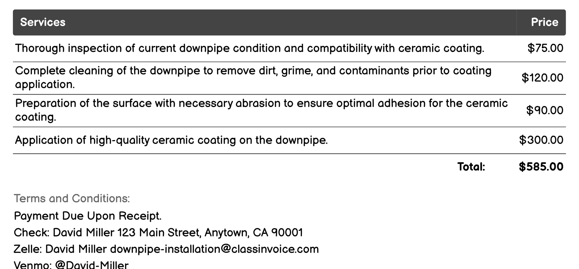 Ceramic Coating Downpipe Service Invoice Example