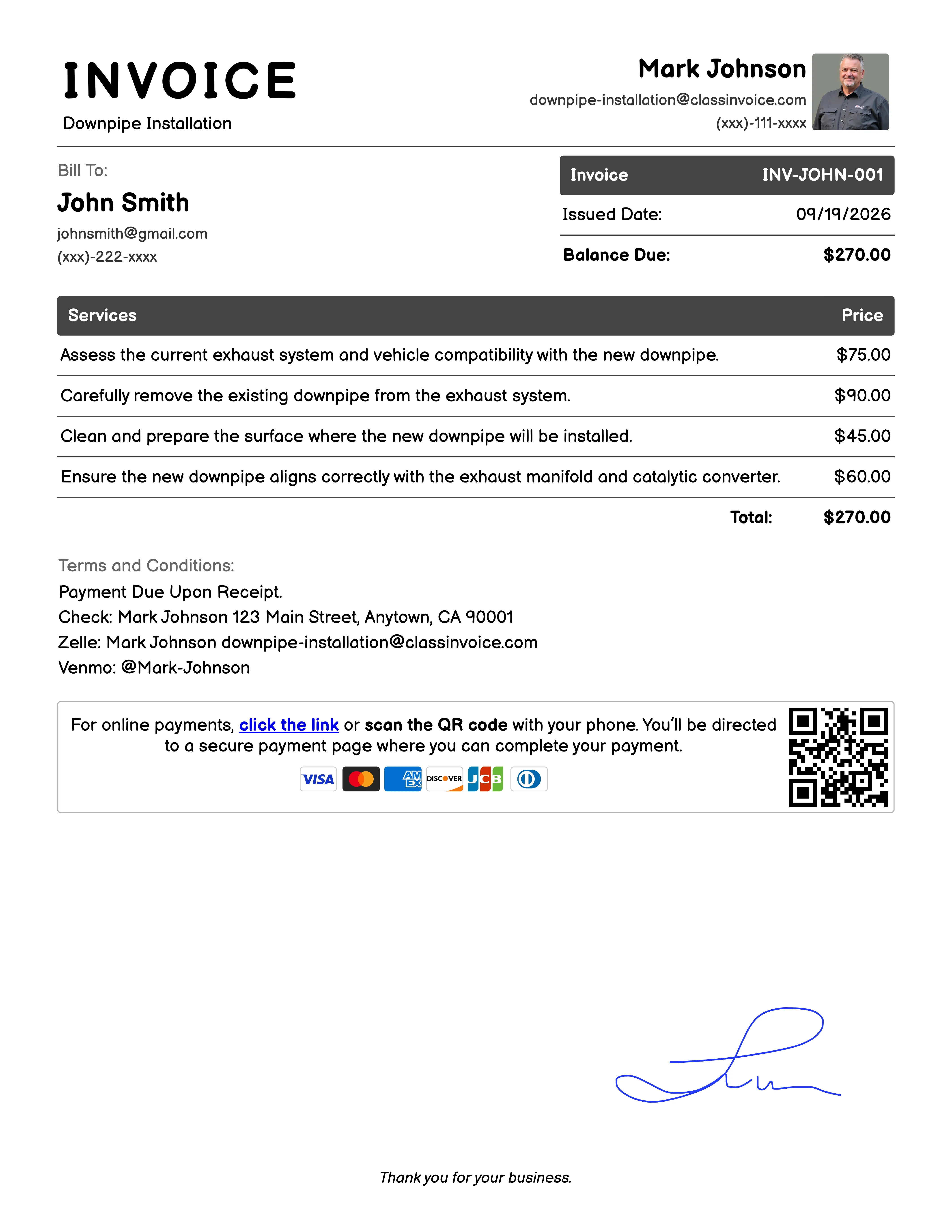 Downpipe Installation Invoice Example