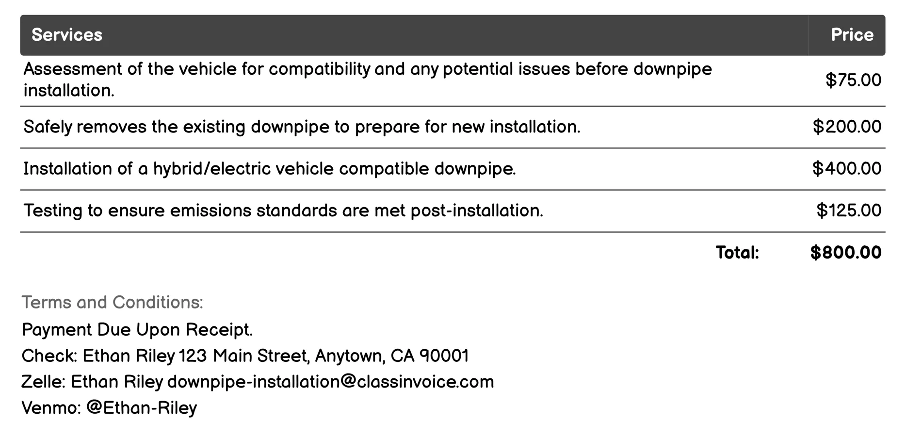 Hybrid/Electric Vehicle Downpipe Retrofit Invoice Example