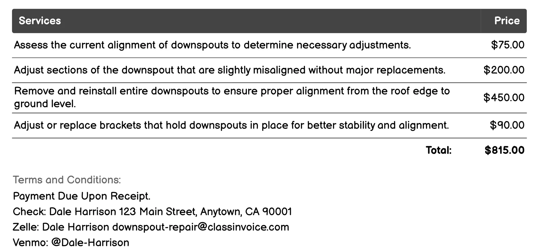Alignment Adjustment Invoice Example