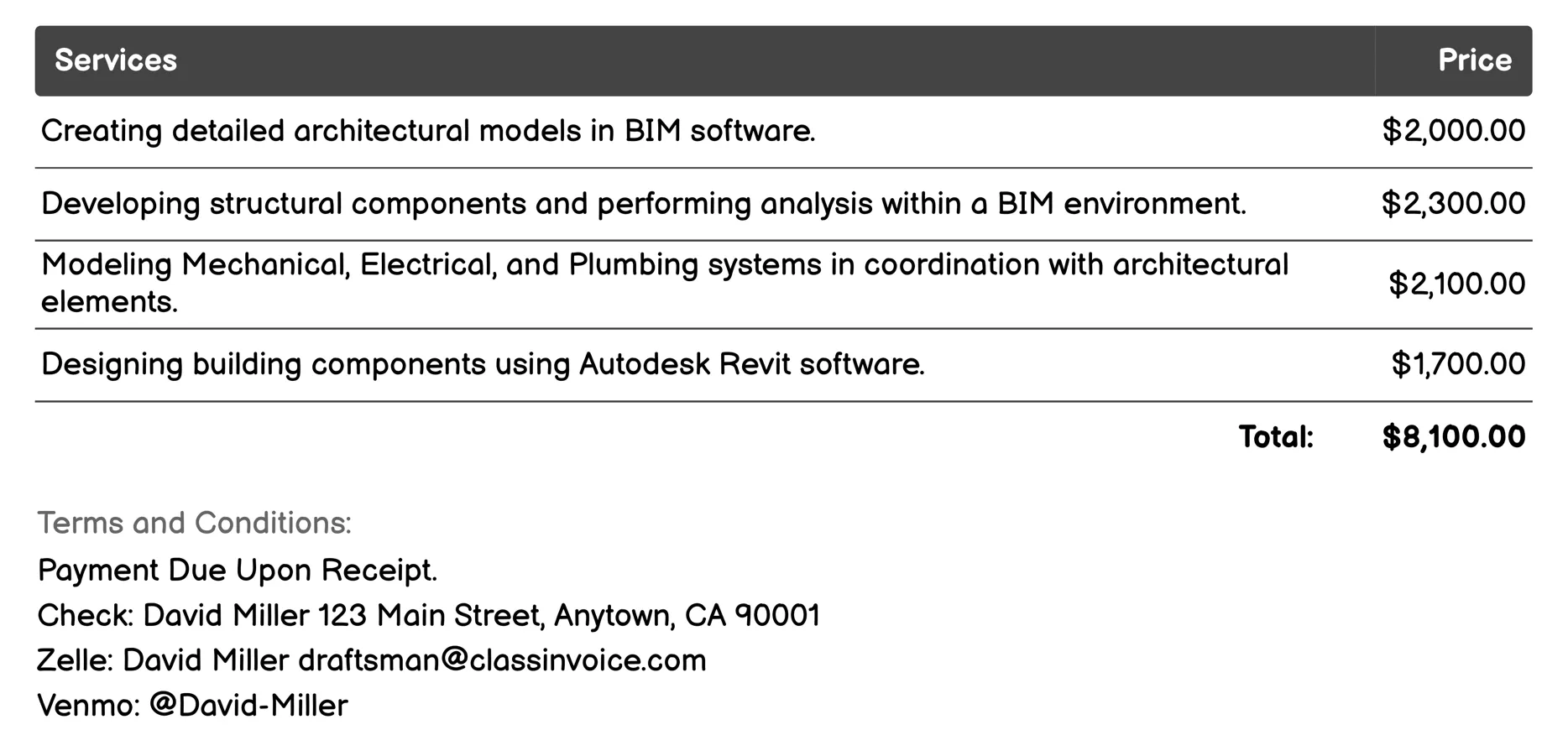 Building Information Modeling (BIM) Invoice Example