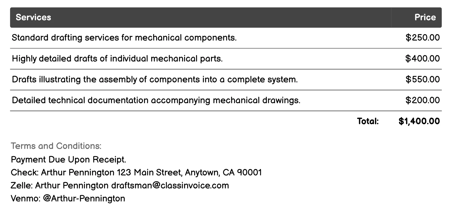 Mechanical Drafting Invoice Example
