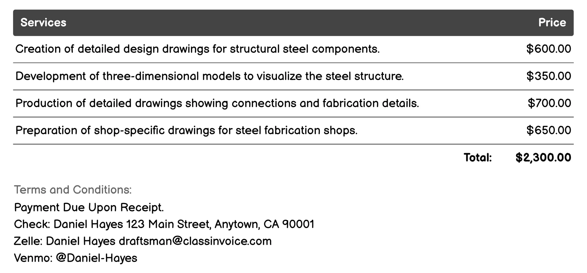 Structural Steel Drafting Invoice Example