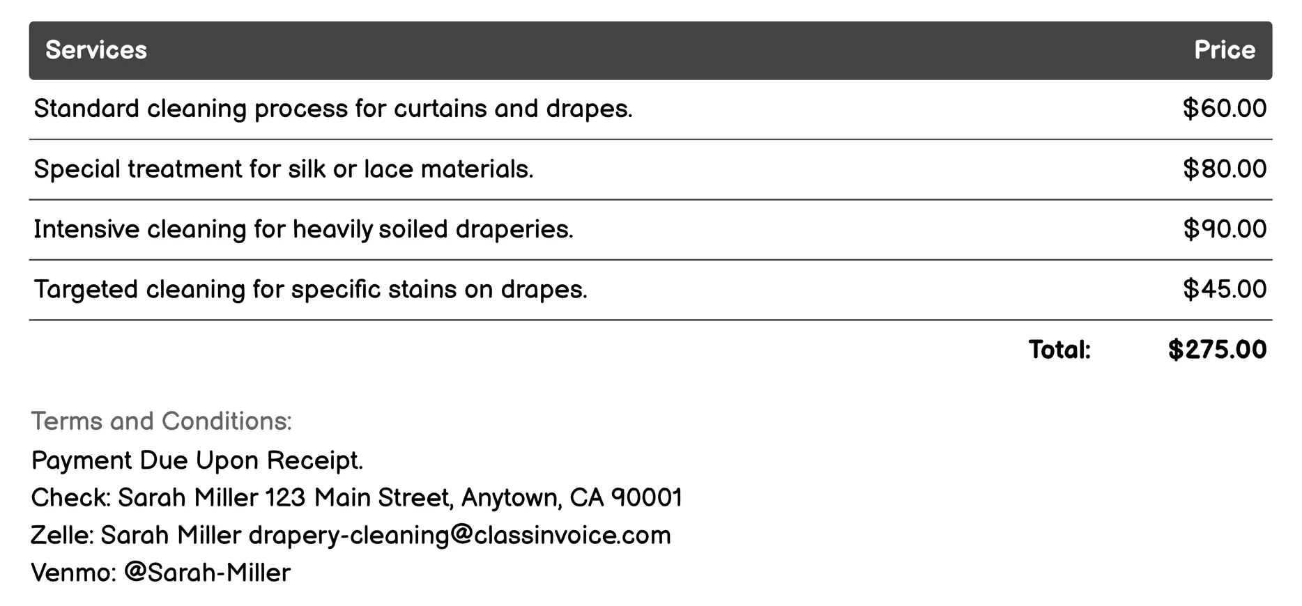 Upholstery Cleaning Invoice Example