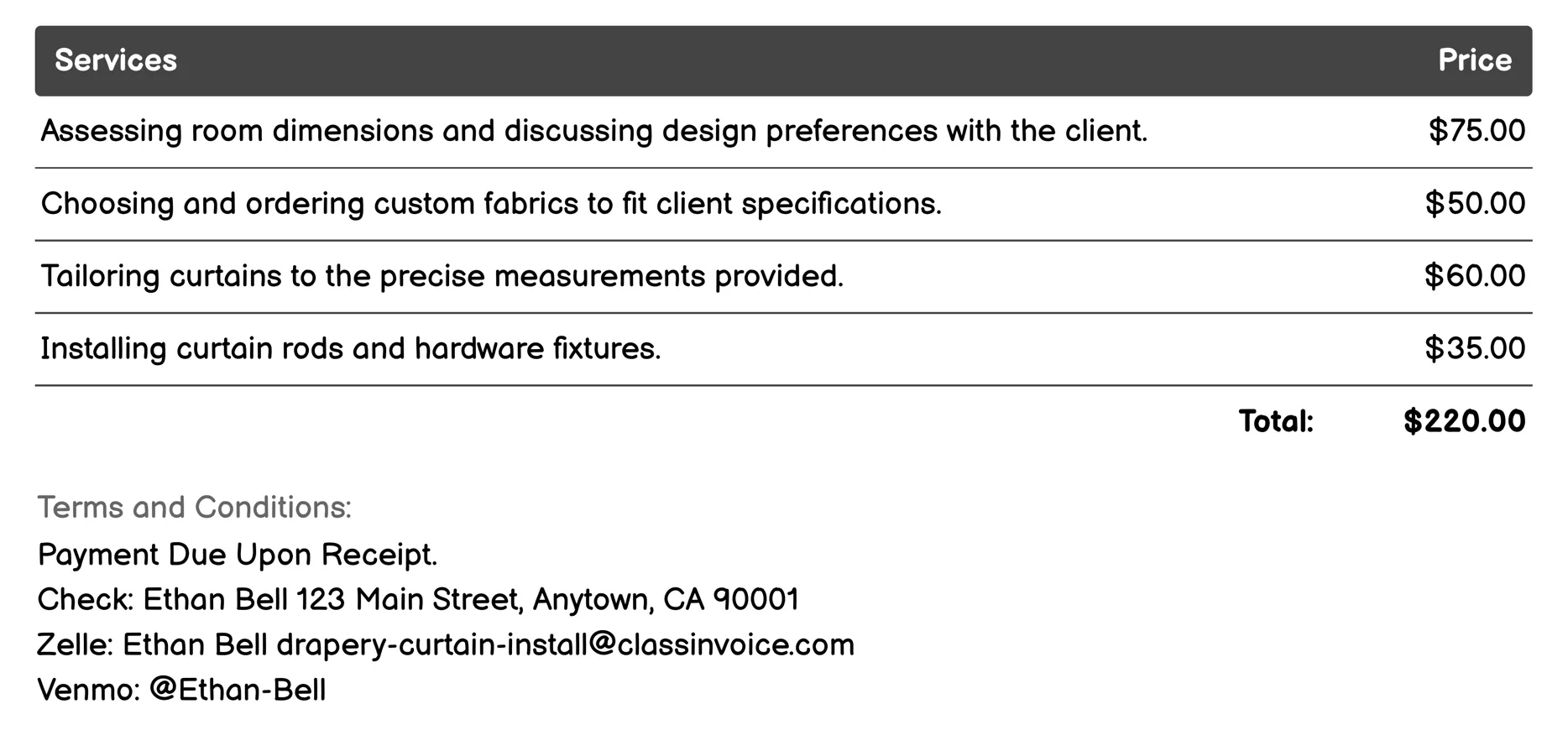 Custom Drapery Installation Invoice Example