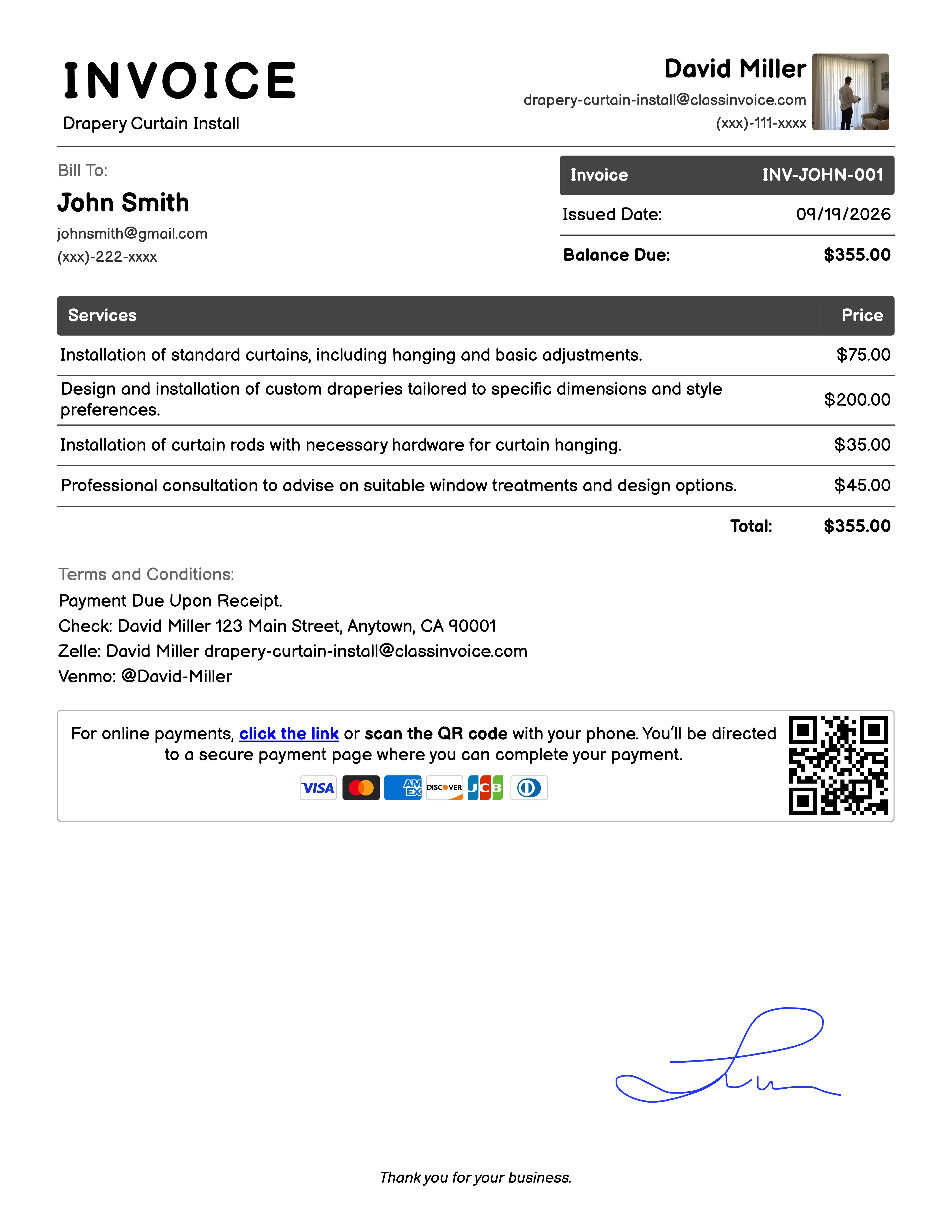 Drapery Curtain Install Invoice Example