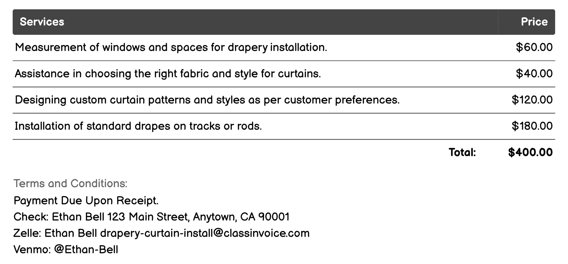 Drapery Repair Service Invoice Example
