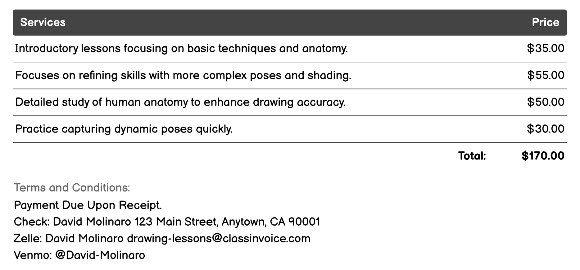 Life Drawing Classes Invoice Example