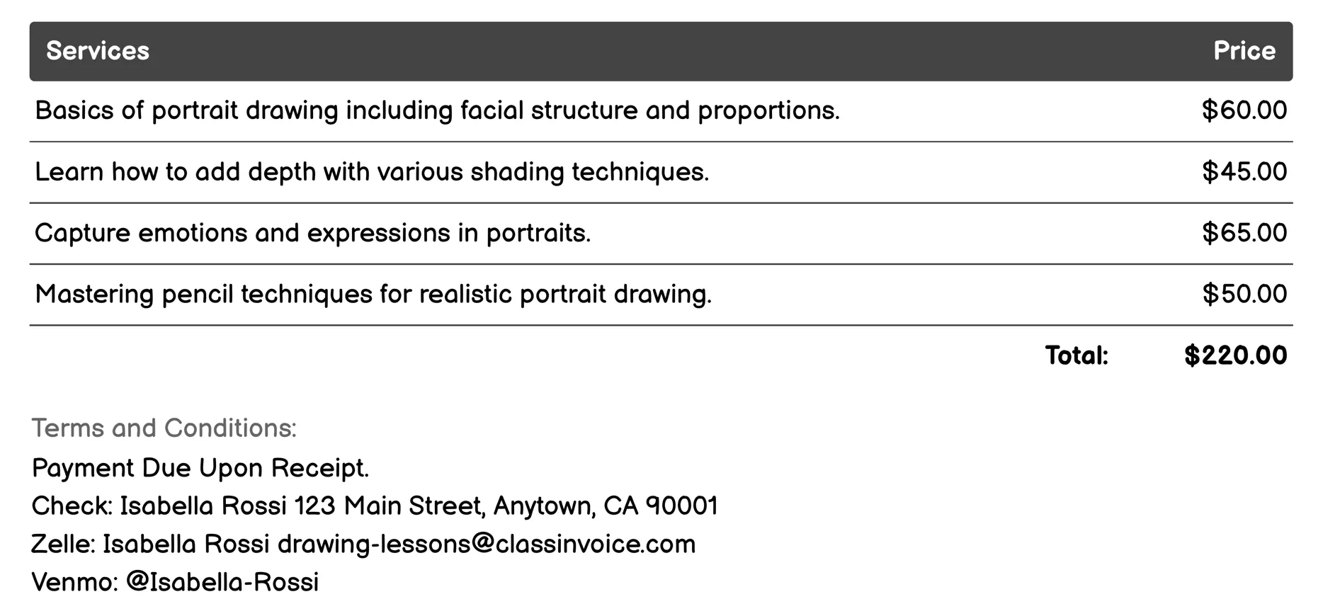 Portrait Drawing Classes Invoice Example