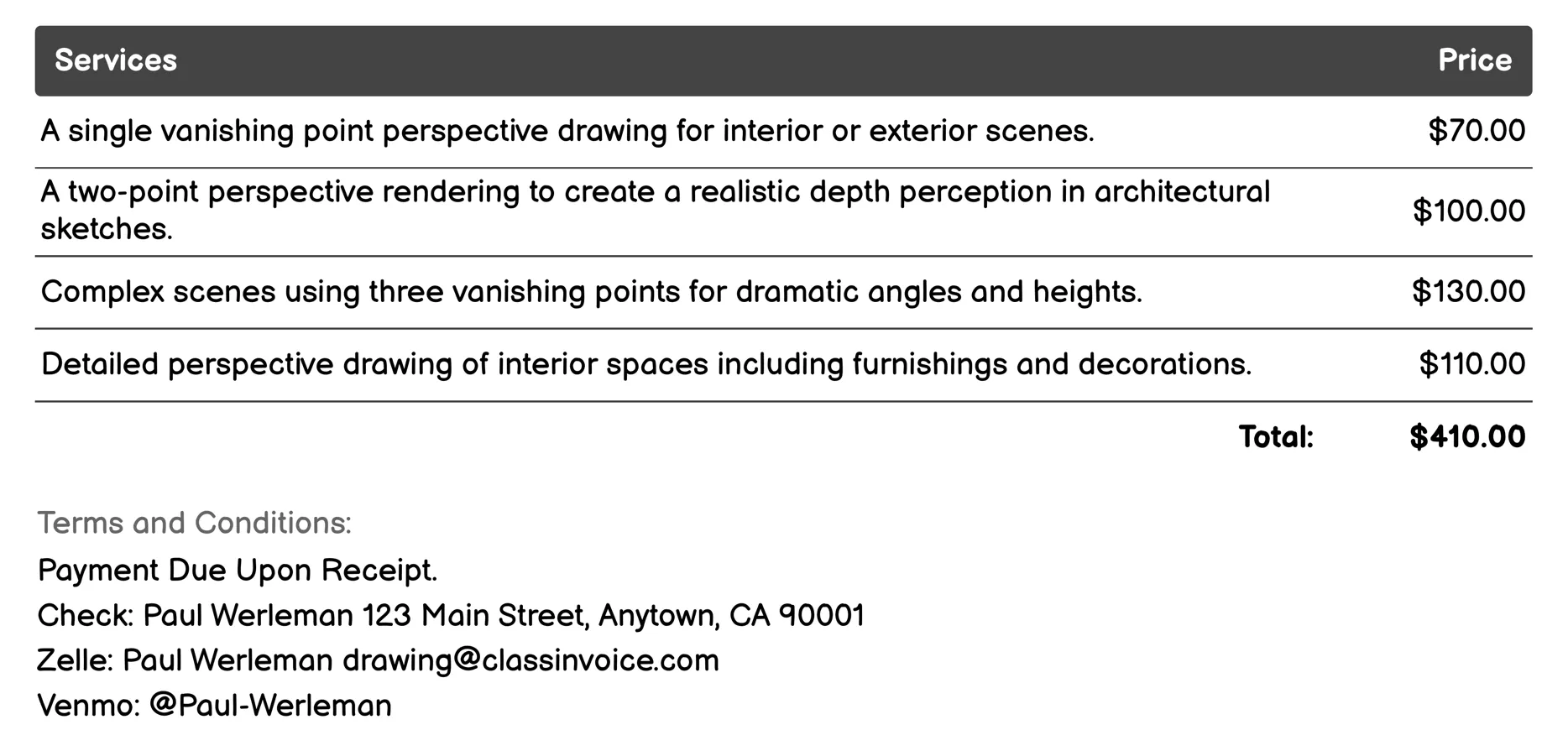 Perspective Drawing Invoice Example