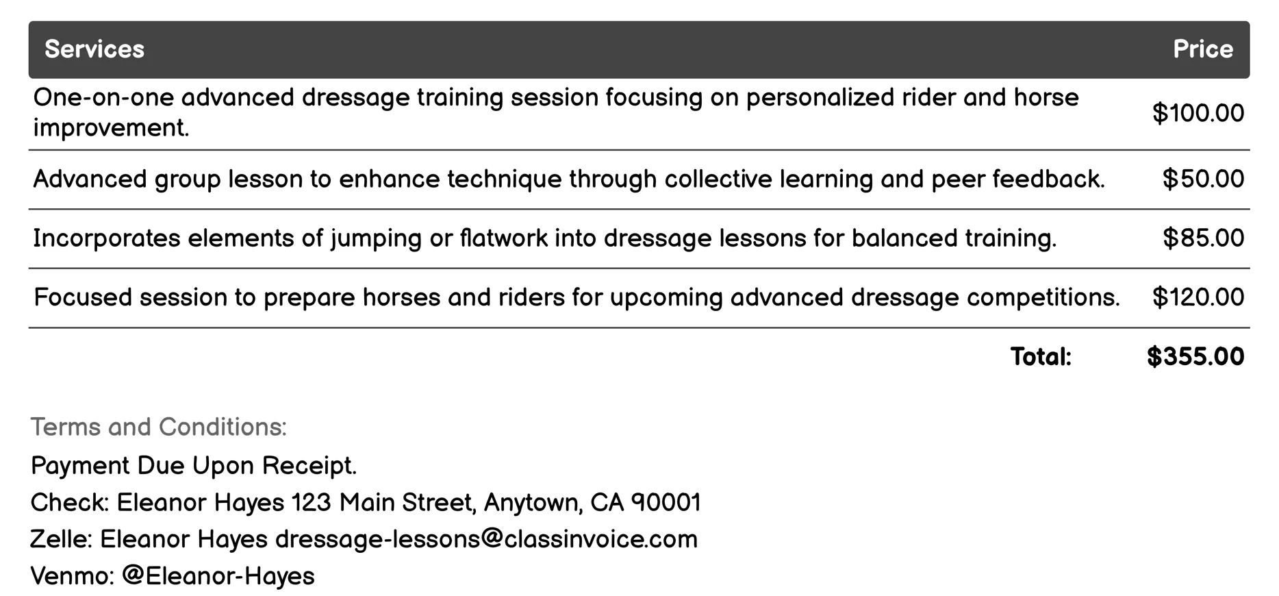 Advanced Dressage Training Invoice Example