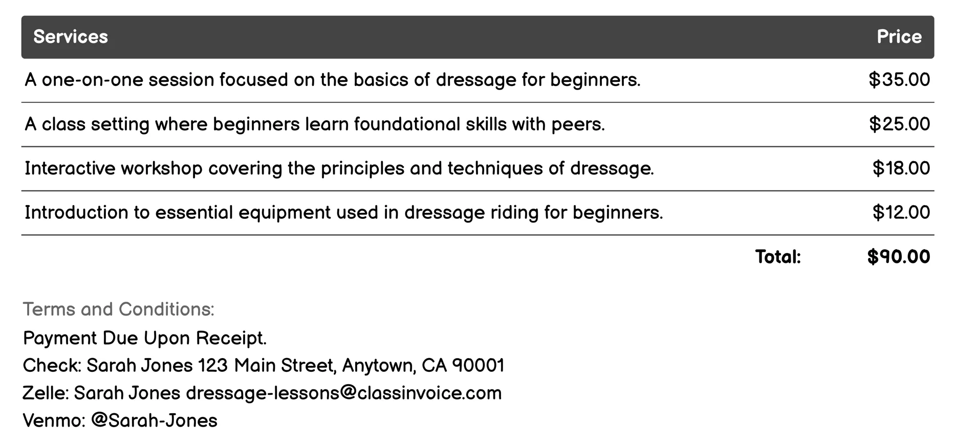 Beginner Dressage Classes Invoice Example