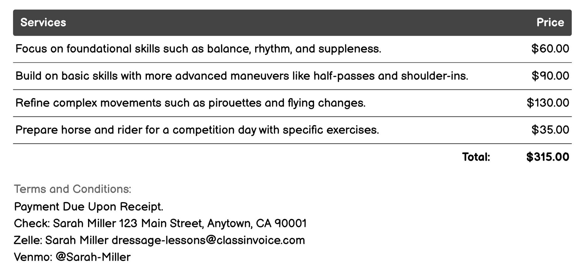 Dressage Competition Preparation Invoice Example