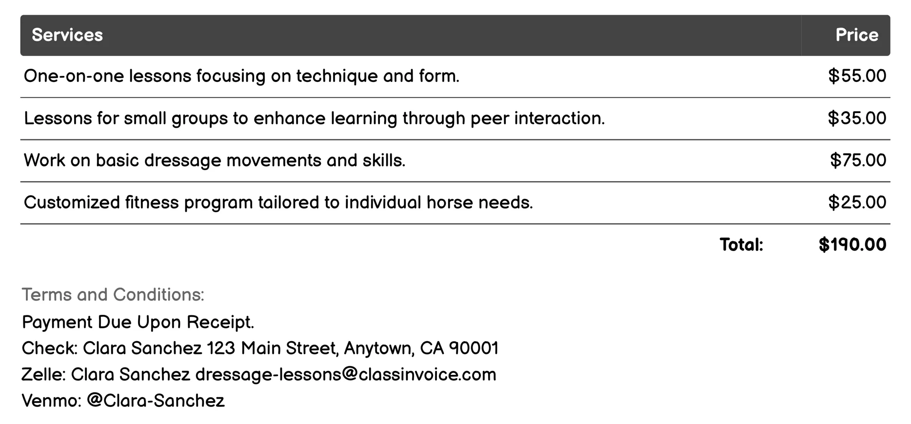 Off-Season Dressage Training Invoice Example