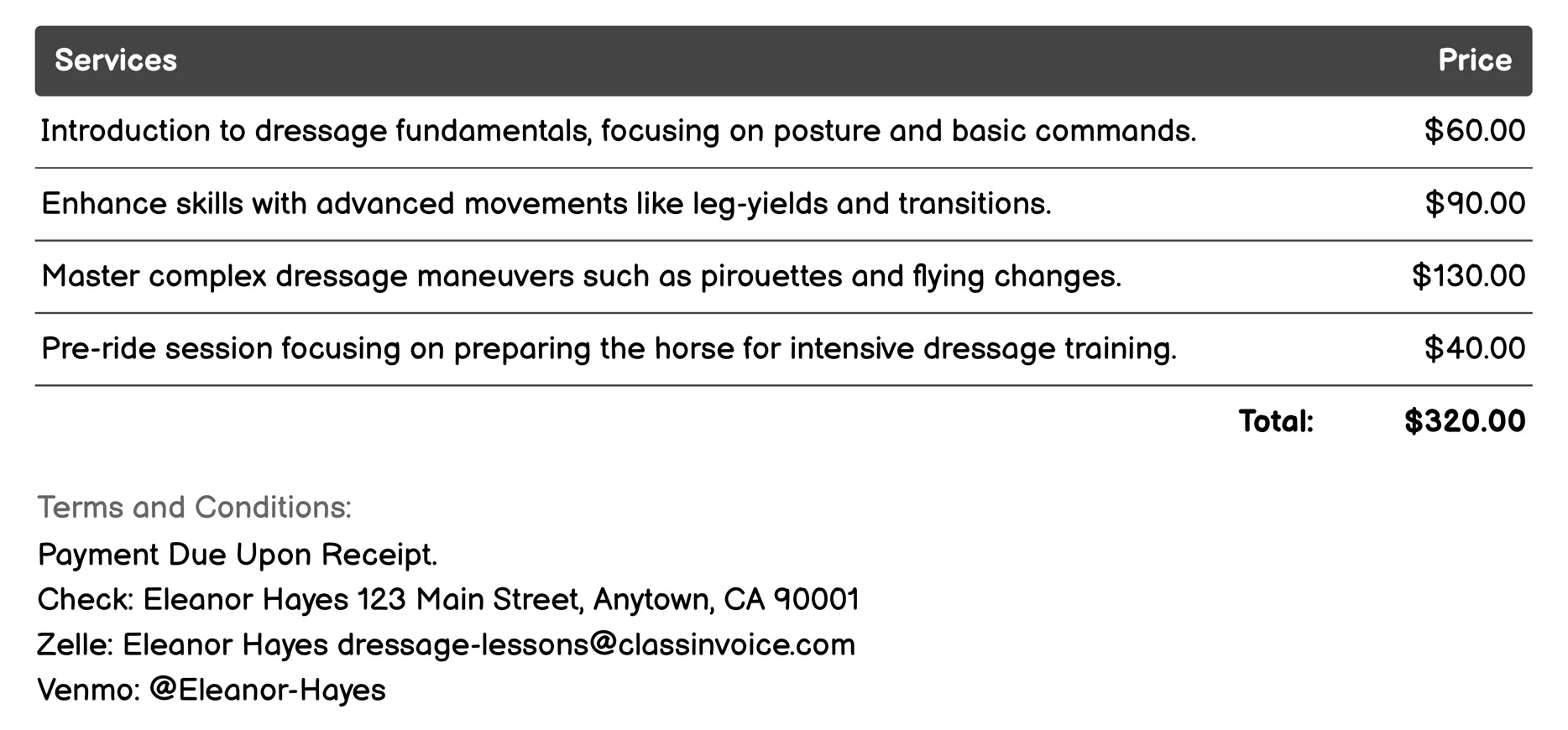 Private Dressage Lessons Invoice Example