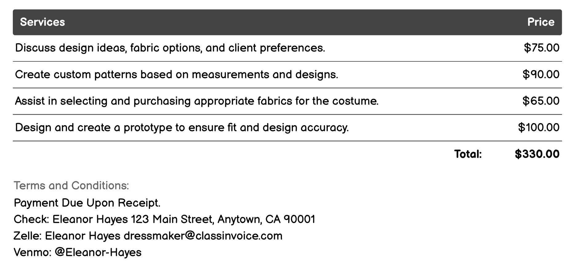 Costume Design Invoice Example