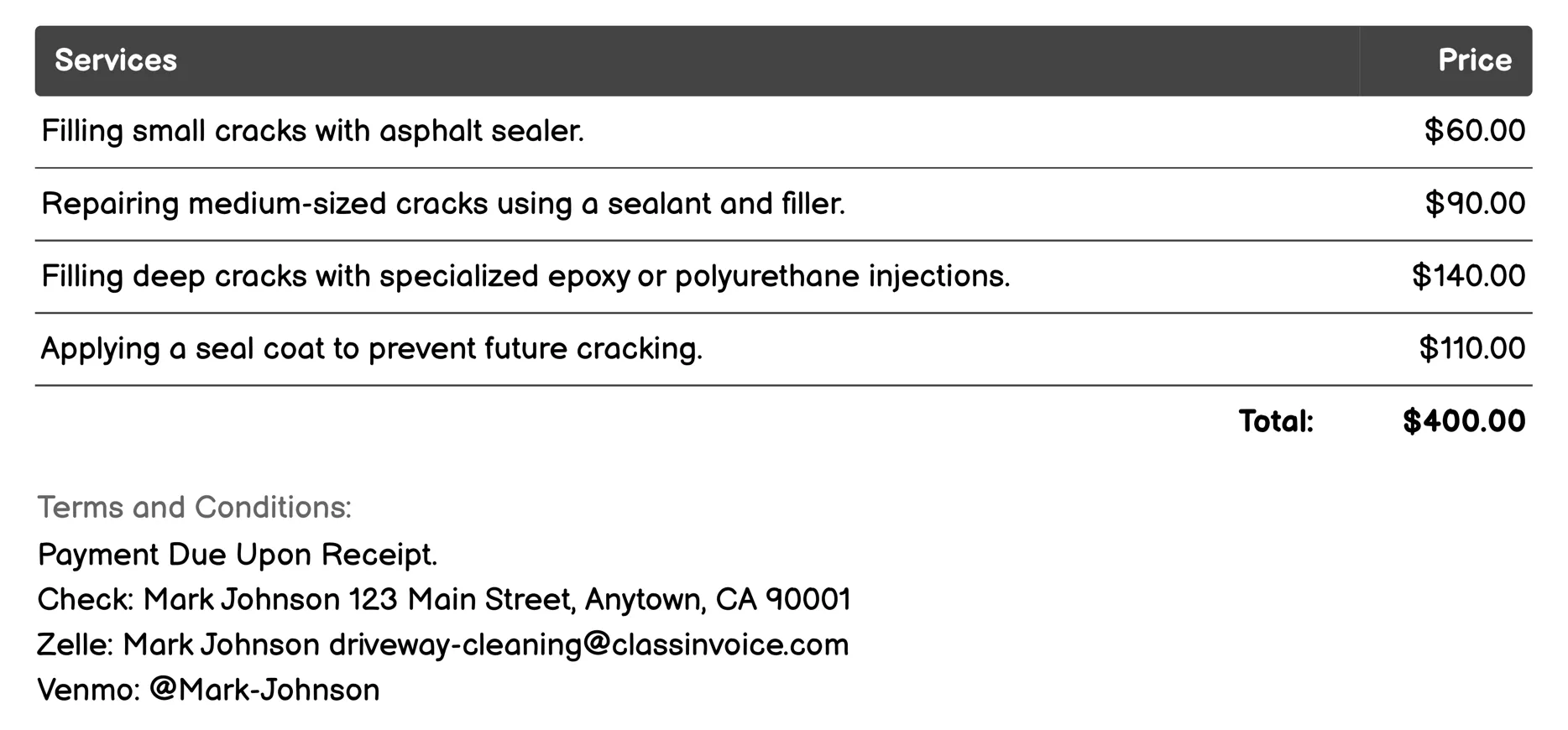 Crack Filling Invoice Example
