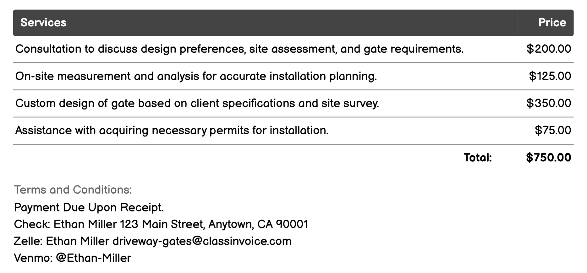 Motorized Gates Installation Invoice Example