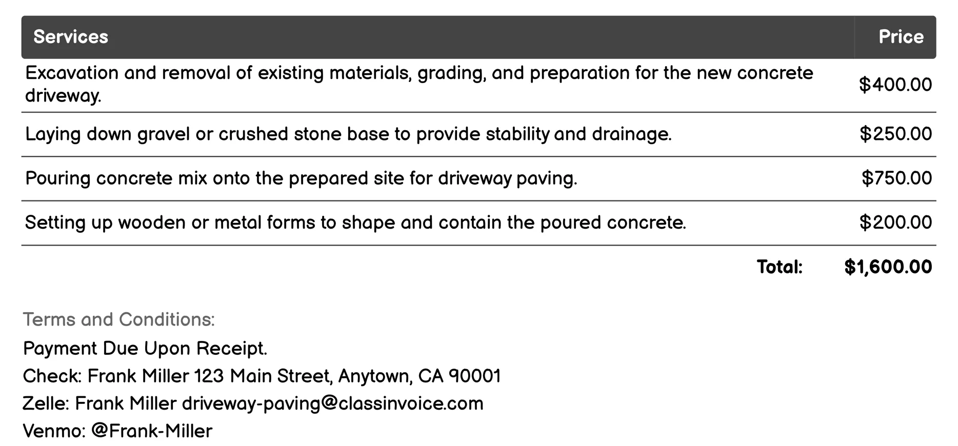 Concrete Driveway Installation Invoice Example