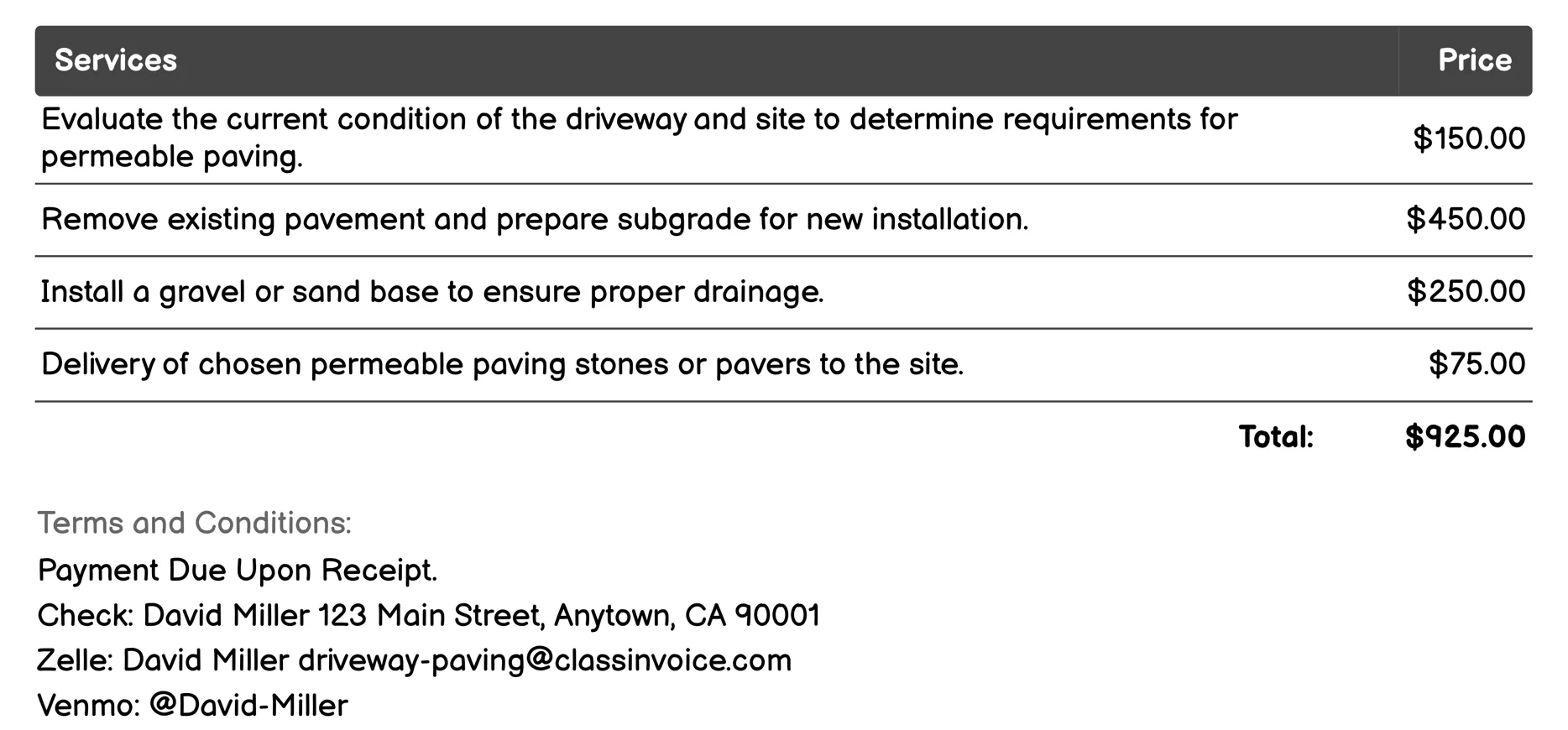 Permeable Paving Driveways Invoice Example