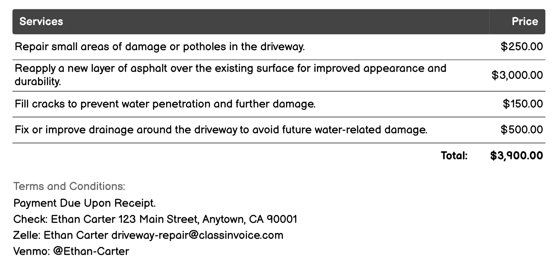 Asphalt Repaving Invoice Example