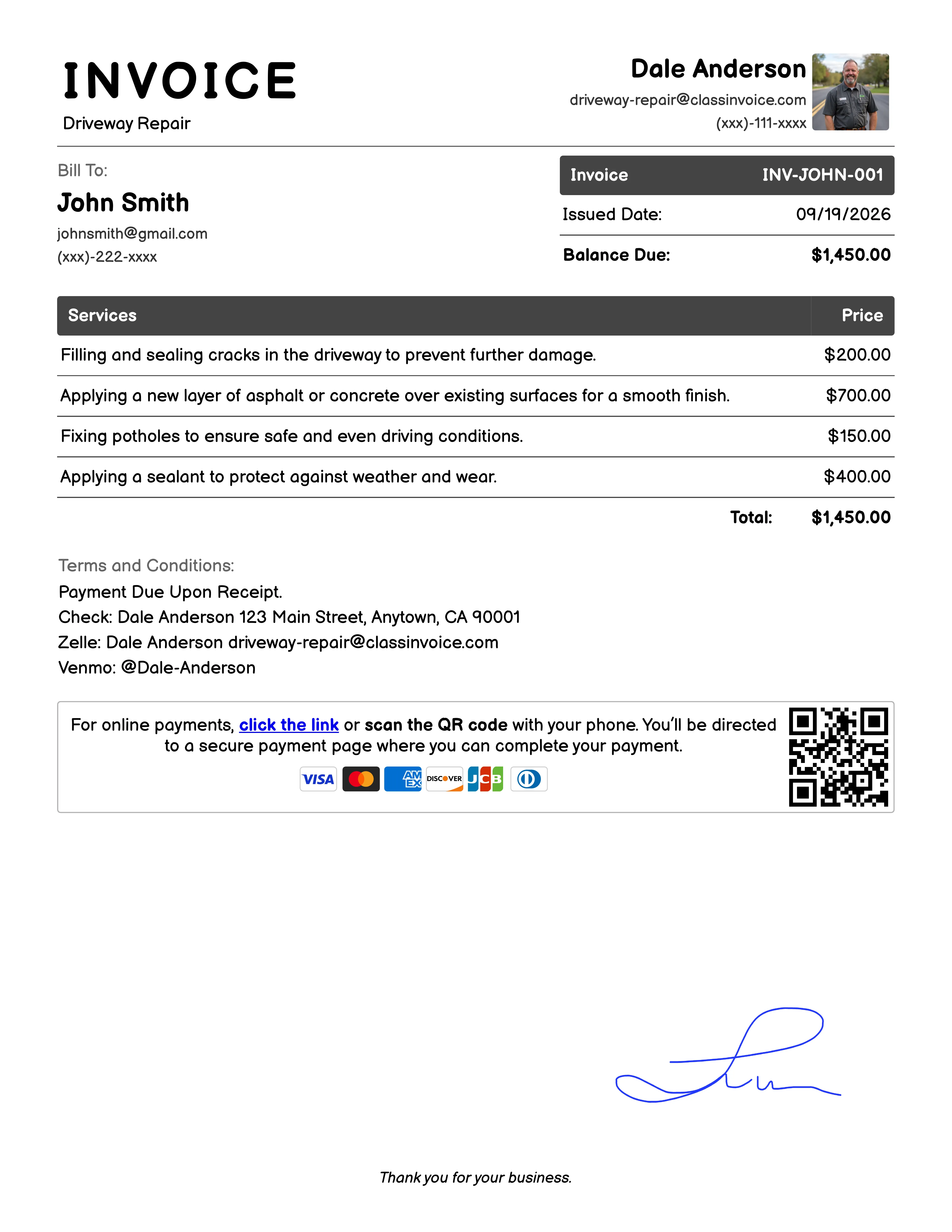Driveway Repair Invoice Example