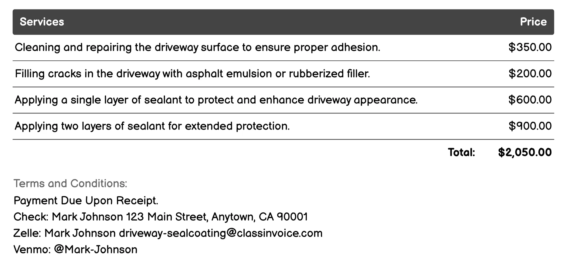 Sealcoat Application Invoice Example