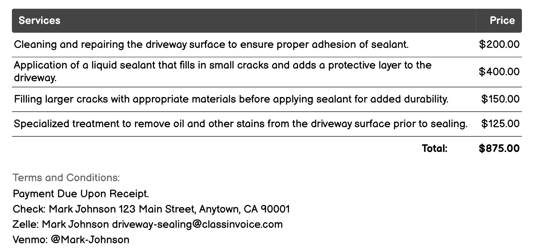 Residential Driveway Sealing Invoice Example