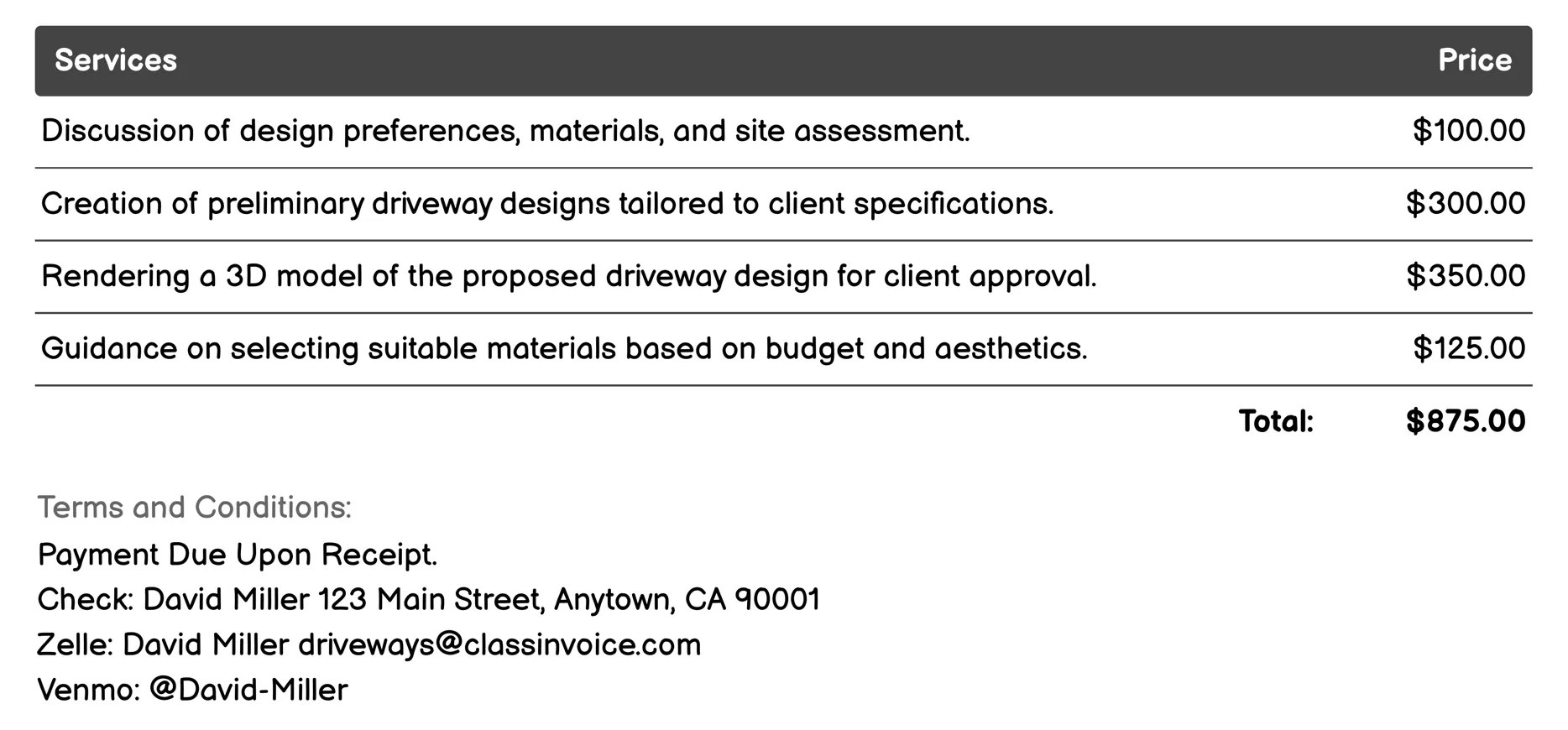 Custom Driveway Design and Planning Invoice Example