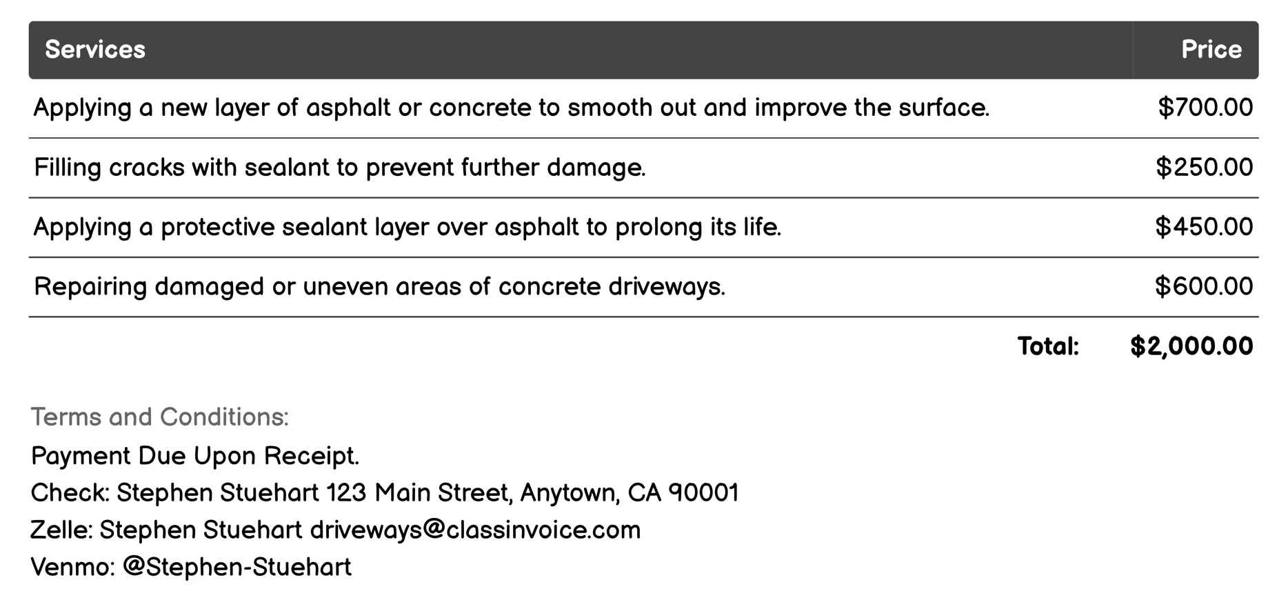 Driveway Repair Services Invoice Example