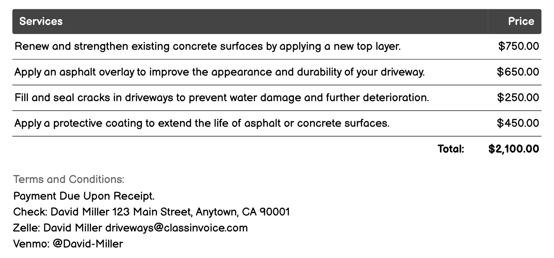 Resurfacing Services for Existing Driveways Invoice Example