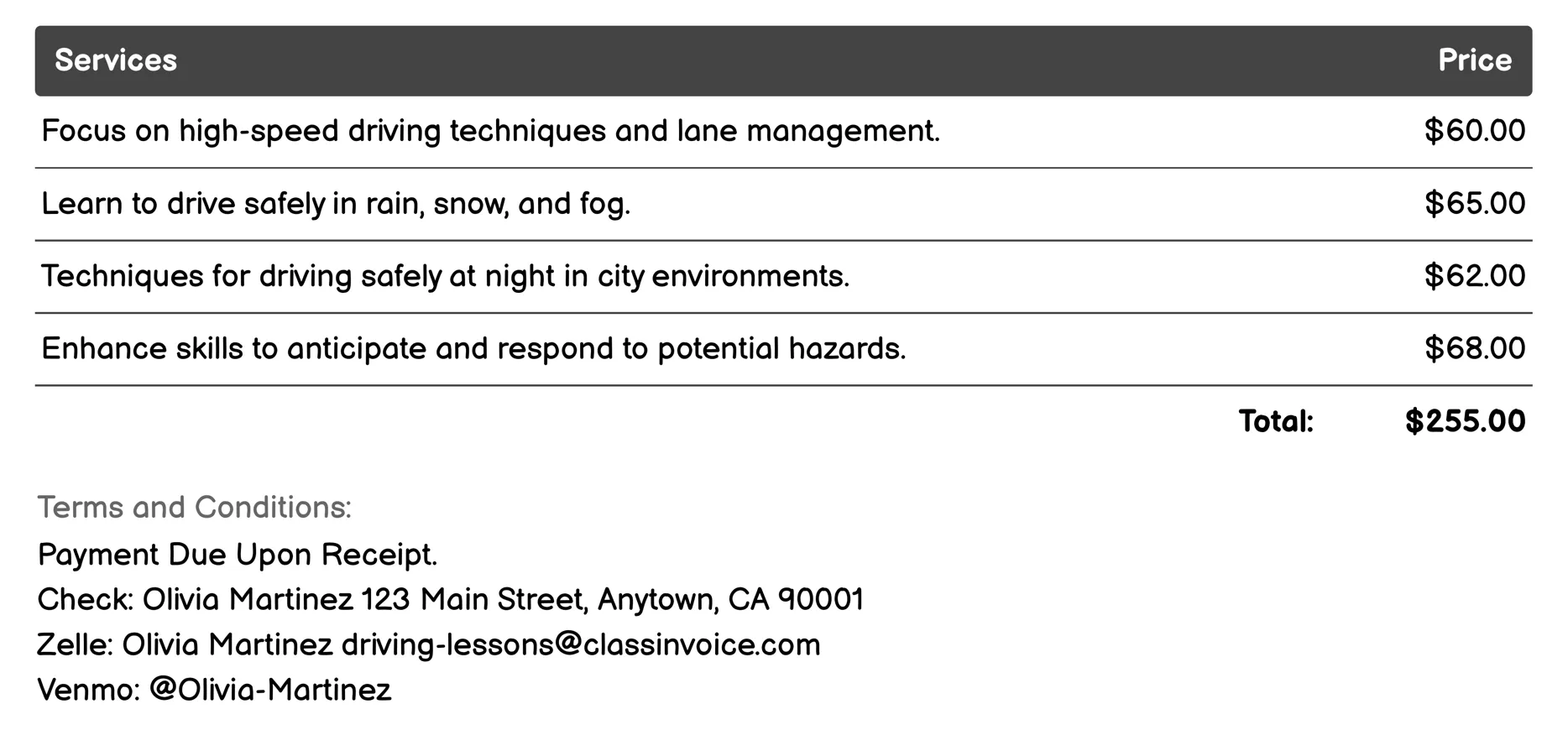 Advanced Driving Courses Invoice Example