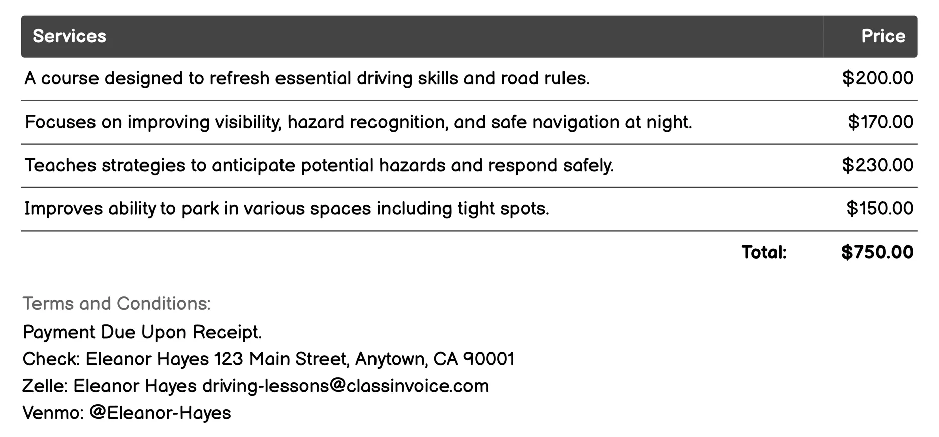 Driving Lessons for Older Adults Invoice Example