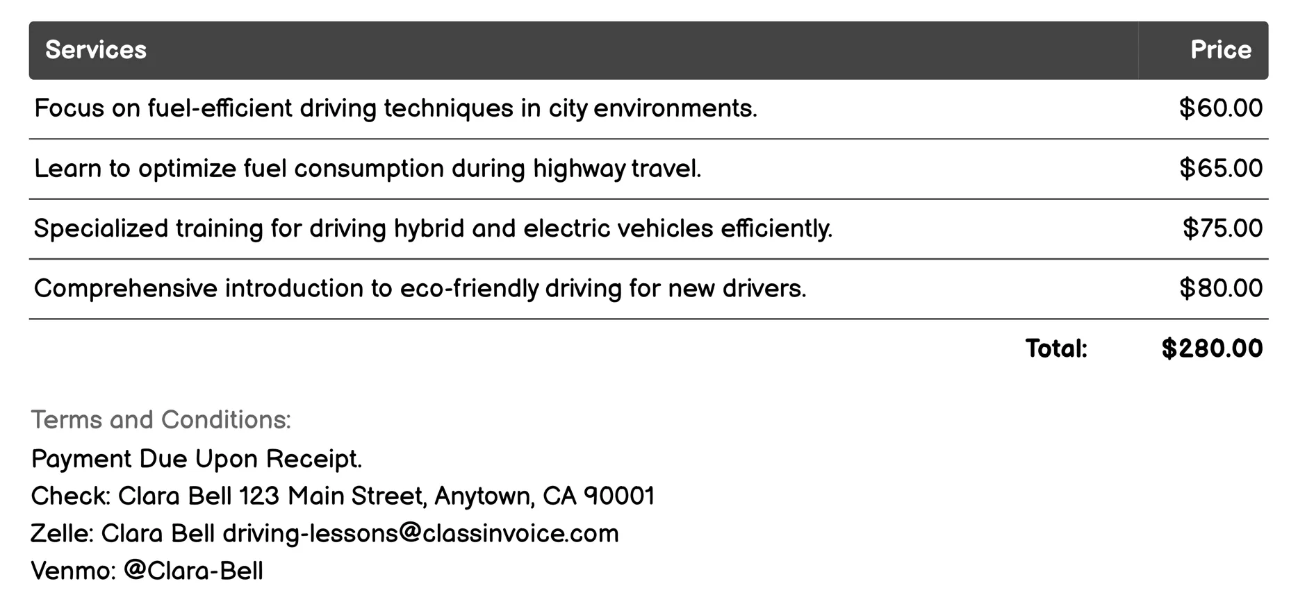 Driving Lessons with an Eco-Friendly Focus Invoice Example