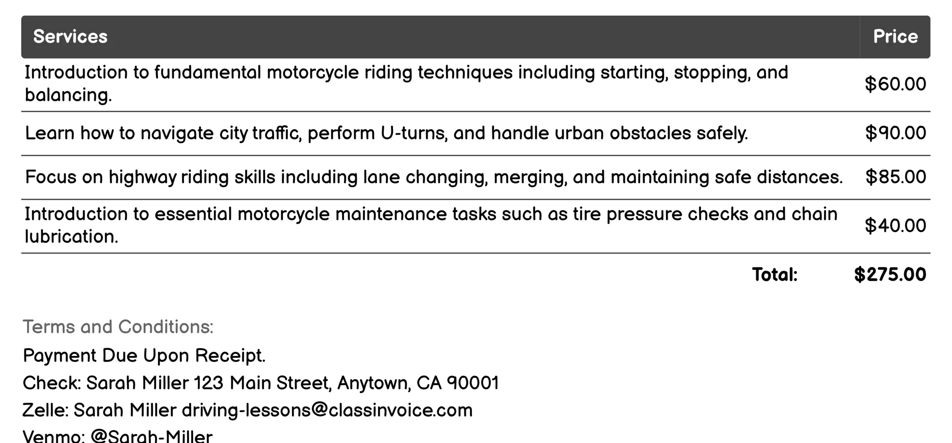 Motorcycle Riding Lessons Invoice Example