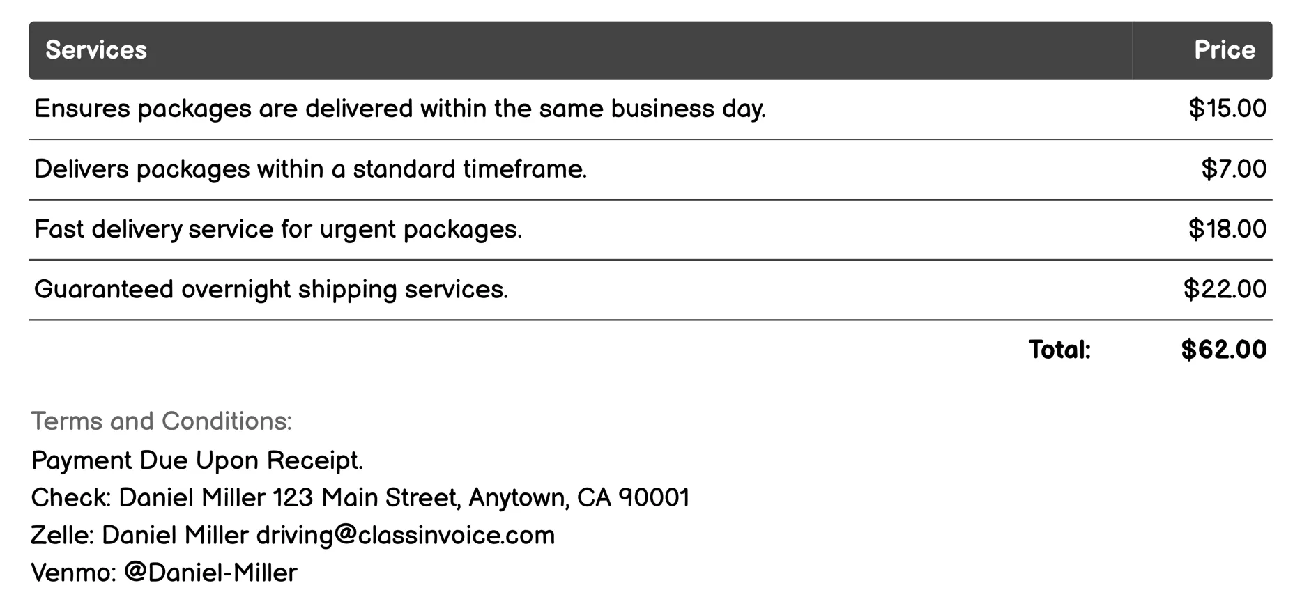 Courier Delivery Invoice Example