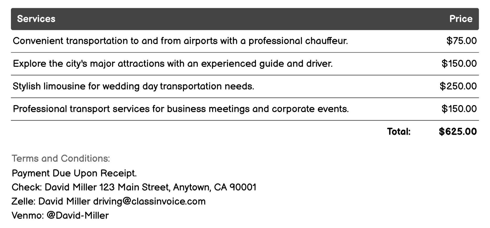 Limousine Services Invoice Example