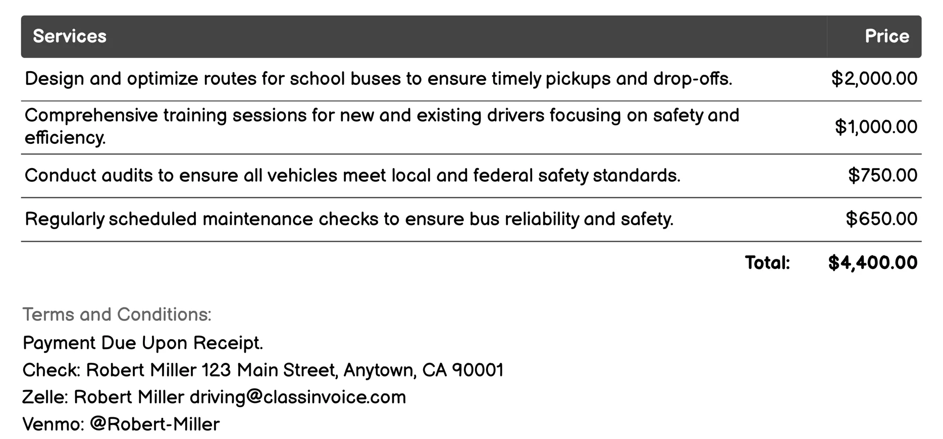 School Bus Services Invoice Example