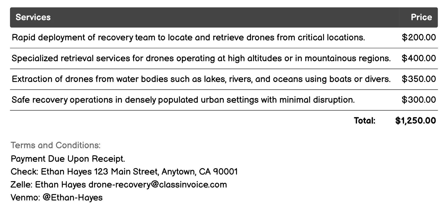 Emergency Response Drone Retrieval Invoice Example