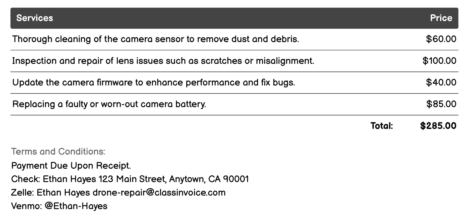 Camera Fix Invoice Example