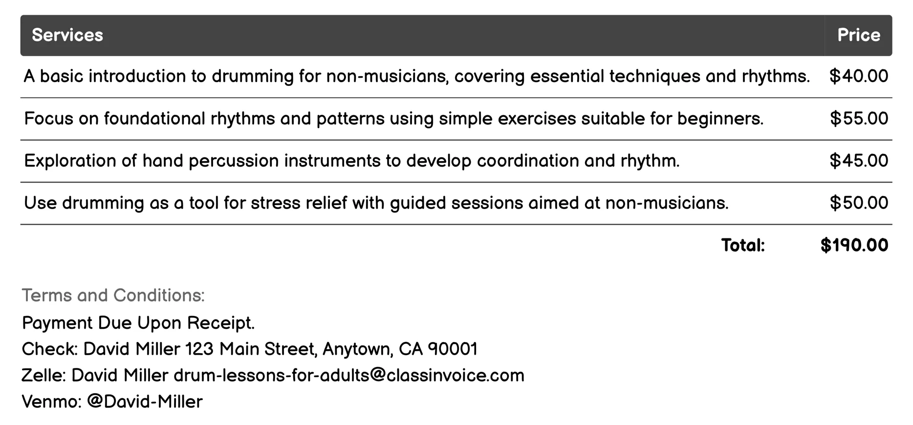 Drumming for Non-Musicians Invoice Example