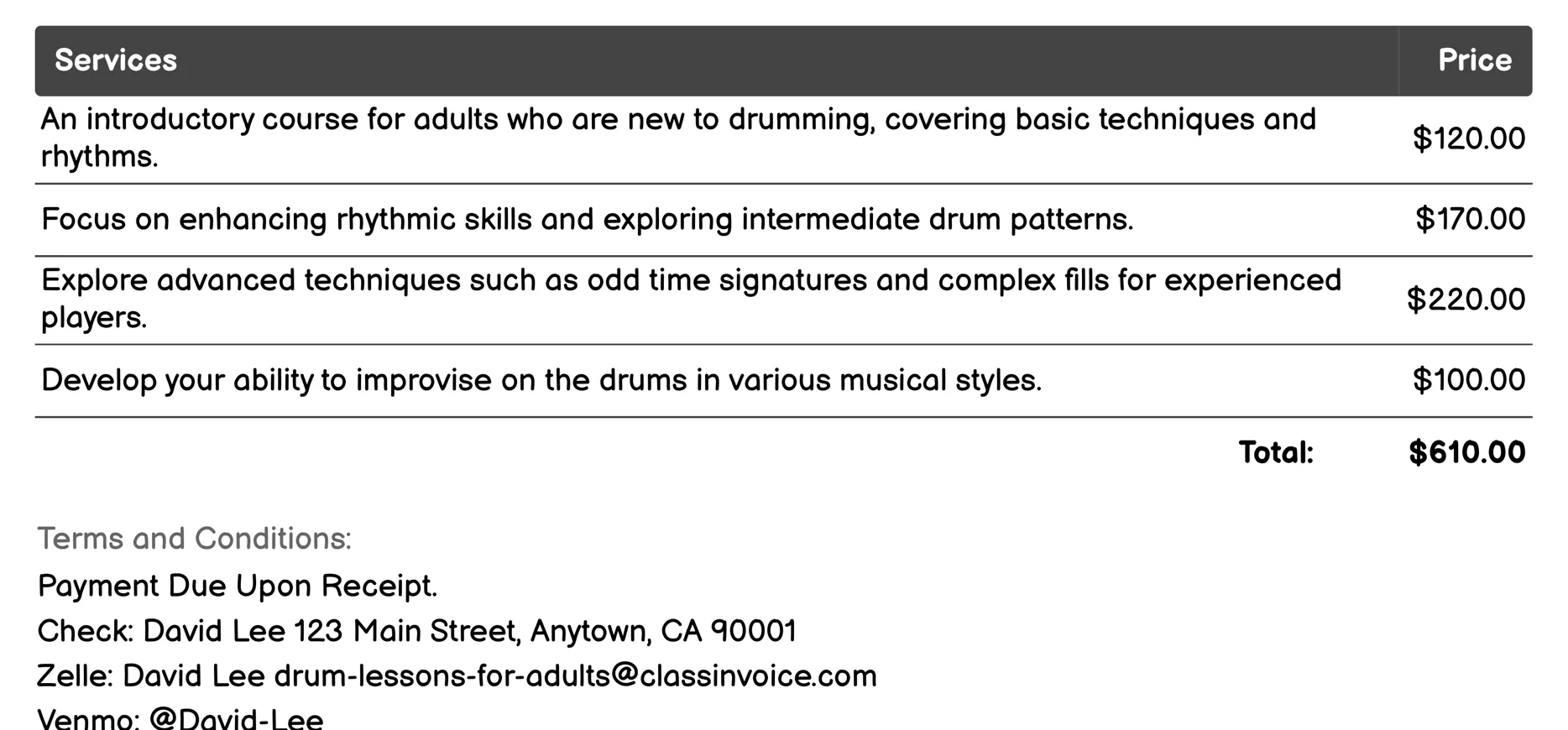 Online Live Streaming Lessons Invoice Example