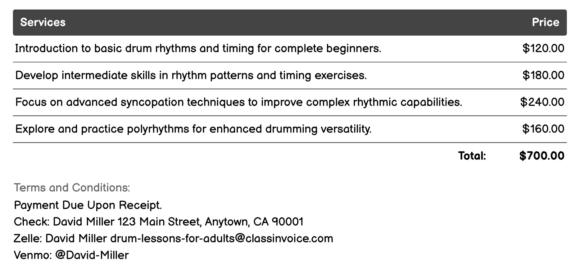 Rhythm and Timing Courses Invoice Example