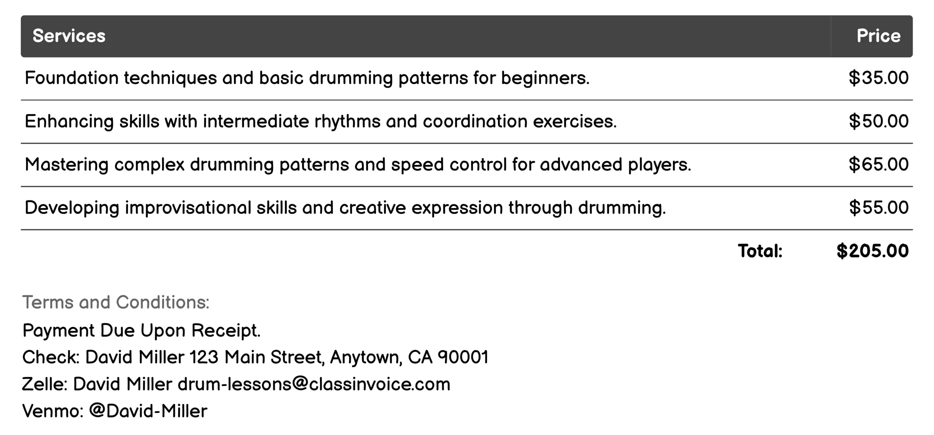 Private Drum Lessons Invoice Example